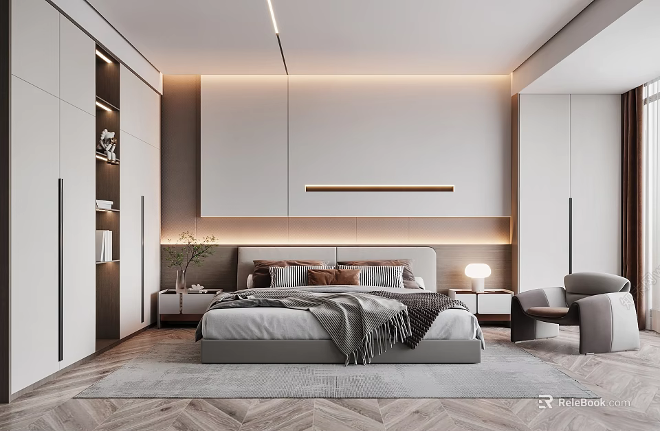 Modern Bedroom Interior Design With Large Bed Nightstands Armchair Built-in Lighting And Herringbone Rug 3d model 