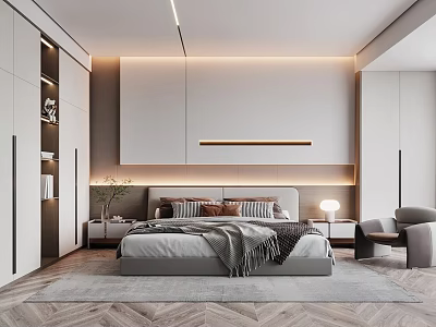 Modern Bedroom Interior Design With Large Bed Nightstands Armchair Built-in Lighting And Herringbone Rug 3d model