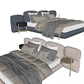 Modern Double Bed With Upholstered Headboard Pillows Throw Blanket And Side Nightstand 3d model