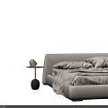 Light Colored Fabric Double Bed with Upholstered Headboard Small Side Table White Vase Black Base 3d model