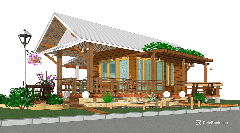 Wooden Cottage Exterior Featuring Sloped Roof Veranda Steps Railing Green Plants And Flowers 3d model 