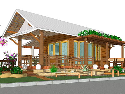 Wooden Cottage Exterior Featuring Sloped Roof Veranda Steps Railing Green Plants And Flowers 3d model
