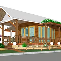Wooden Cottage Exterior Featuring Sloped Roof Veranda Steps Railing Green Plants And Flowers
