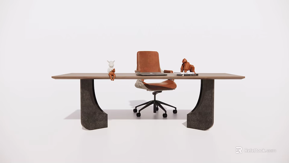 Modern Office Desk With Wooden Top Brown Leather Chair And Decorative Figurines 3d model 