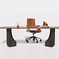 Modern Office Desk With Wooden Top Brown Leather Chair And Decorative Figurines