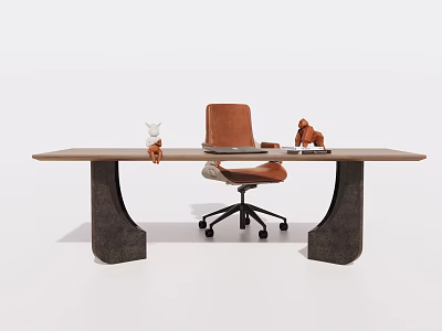 Modern Office Desk With Wooden Top Brown Leather Chair And Decorative Figurines 3d model