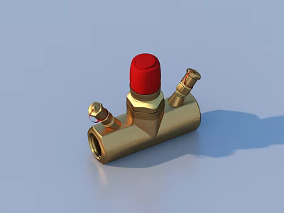 Brass Pipe Fitting with Red Control Knob and Threaded Connections for Plumbing Systems 3d model