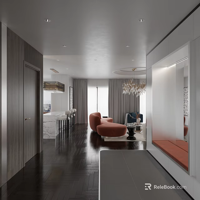 Modern Hallway Interior With Dark Wood Floors And Connected Living Area 3d model 