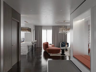 Modern Hallway Interior With Dark Wood Floors And Connected Living Area 3d model