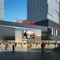 Modern Commercial Complex With Red And White Checkered Facade Display Windows And Tall Buildings