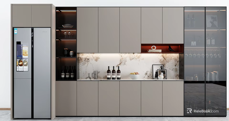 Elegant Modern Wine Cabinet Interior With Marble Backsplash Wine Bottles And Glasses 3d model 