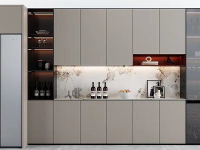 Elegant Modern Wine Cabinet Interior With Marble Backsplash Wine Bottles And Glasses 3d model