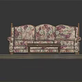 Three Seater Floral Print Upholstered Sofa With Wooden Coffee Table And Patterned Rug