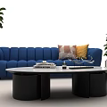 Blue Sofa Coffee Table Combination with Round Table Pillows and Green Plants 3d model