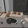 Modern Sofa And Coffee Table Set With Beige Upholstery Orange Pillows Textured Wall And Fireplace