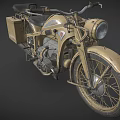 Vintage Khaki Motorcycle with Classic Headlight Side Case Metal Frame and Leather Seat