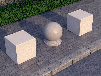 Roadside Facilities With Stone Bollards Square Patterned Round Green Shrubs Brick Paved Sidewalk Curb 3d model