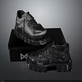 Stylish Black Platform Shoes With Shiny Material Thick Sole And Laces On Black Box