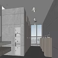 Modern Public Restroom Interior With Grey Walls Cubicles Washbasins Mirrors And Large Windows