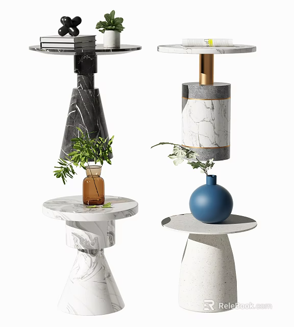 Modern Marble Side Table Design With Vase And Green Plants 3d model