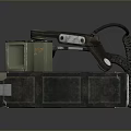 Futuristic Tactical Weapon Featuring Green Metallic Body Attached Cables And Orange Logos