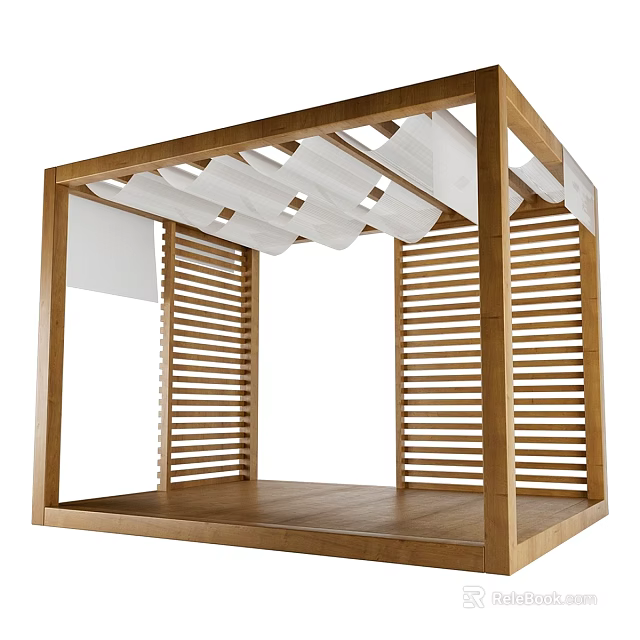 Garden Wooden Structure With Slatted Panels And White Canopy For Outdoor Decoration And Relaxation 3d model 
