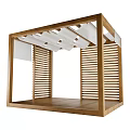 Garden Wooden Structure With Slatted Panels And White Canopy For Outdoor Decoration And Relaxation