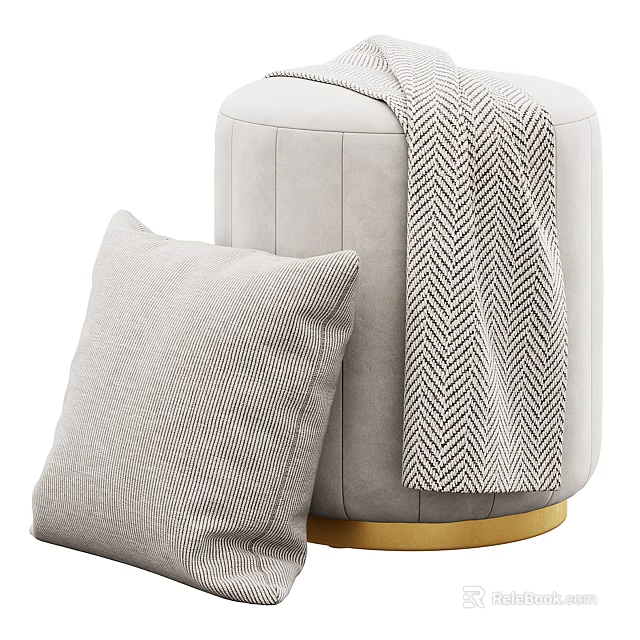 Stylish Round Light Gray Single Chair With Herringbone Blanket Pillow And Gold Base 3d model 