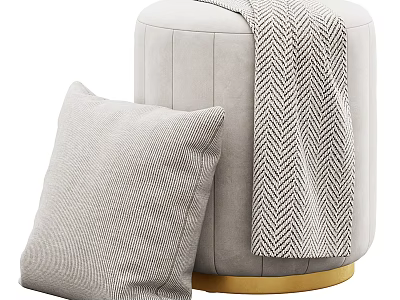 Stylish Round Light Gray Single Chair With Herringbone Blanket Pillow And Gold Base 3d model