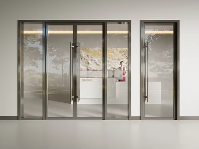 Modern Glass Double Doors with Metal Frame Indoor Reception Area Tree Reflections 3d model