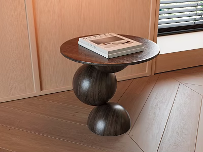 Round Side Table With Double Sphere Base Dark Wood Finish And Magazine On Top 3d model