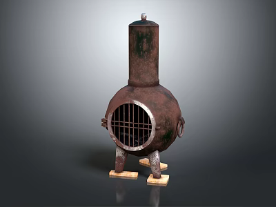 Vintage Metal Stove With Cylindrical Top Grilled Door And Three Wooden Padded Legs 3d model