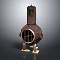 Vintage Metal Stove With Cylindrical Top Grilled Door And Three Wooden Padded Legs