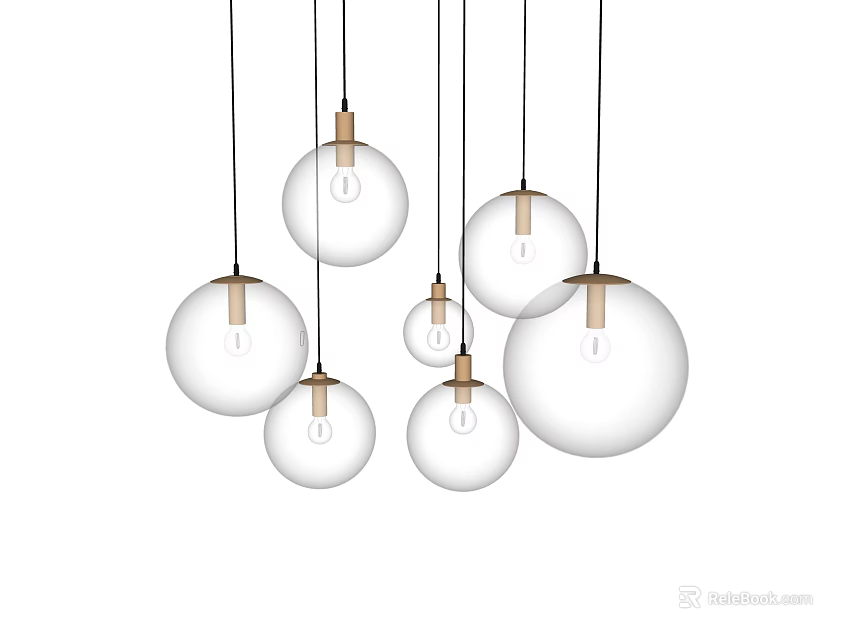 Contemporary Glass Globe Pendant Lights With Wooden Accents And Multiple Spherical Shades Hanging From Ceiling 3d model 