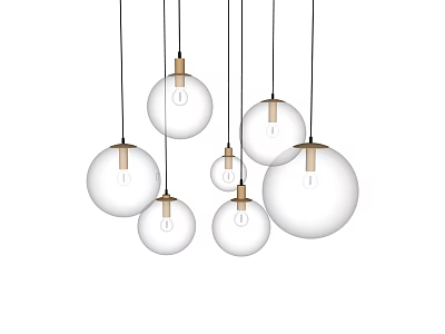 Contemporary Glass Globe Pendant Lights With Wooden Accents And Multiple Spherical Shades Hanging From Ceiling 3d model