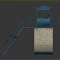 Blue Watchtower Structure With Metal Staircase Railing And Brick Base