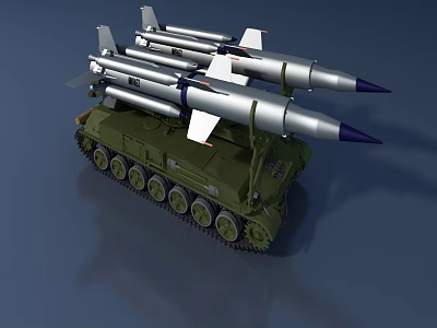 Green Military Tank With Tracked Structure Carrying Silver Blue Tipped Missiles 3d model