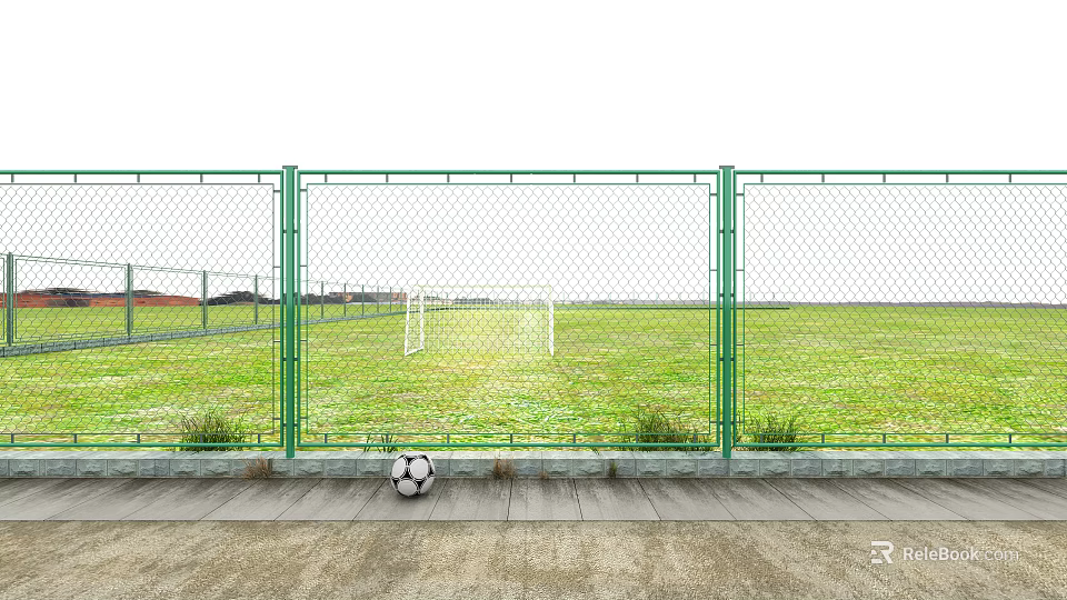 Football Field With Green Fence Grass Surface Goalposts And Soccer Ball 3d model 
