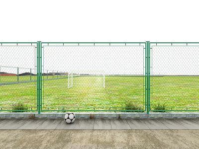 Football Field With Green Fence Grass Surface Goalposts And Soccer Ball 3d model
