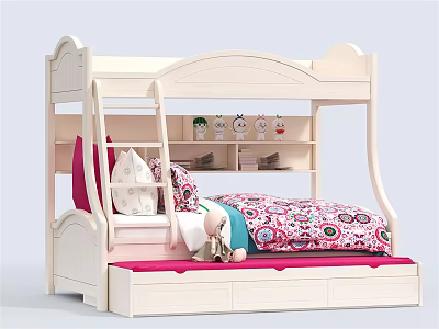 White Kids Bunk Bed With Storage Drawers Ladder And Shelves Design 3d model