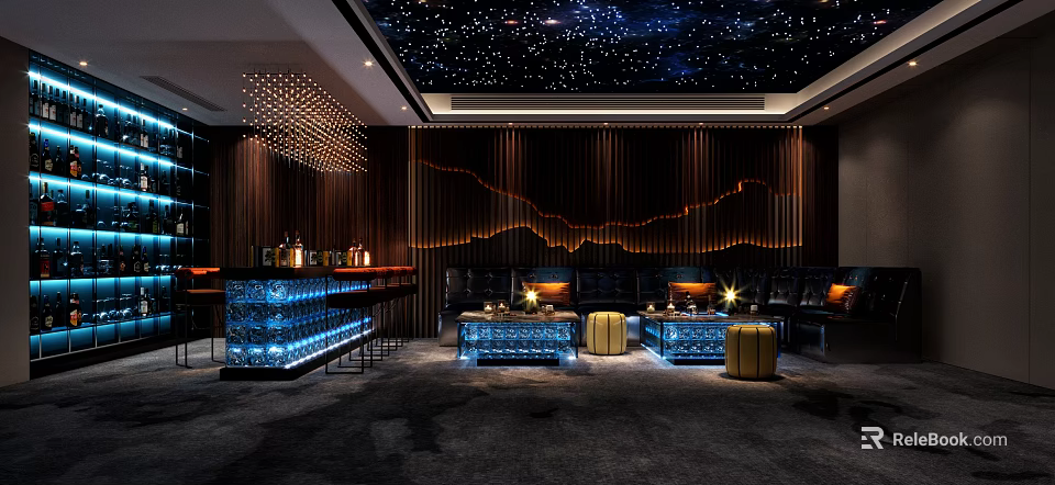 Modern KTV Lounge With Starry Ceiling Bar Counter And Comfortable Sofas 3d model