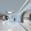 Modern Front Desk Reception With Curved Counter LED Lighting Marble Floor And Green Plant Decoration