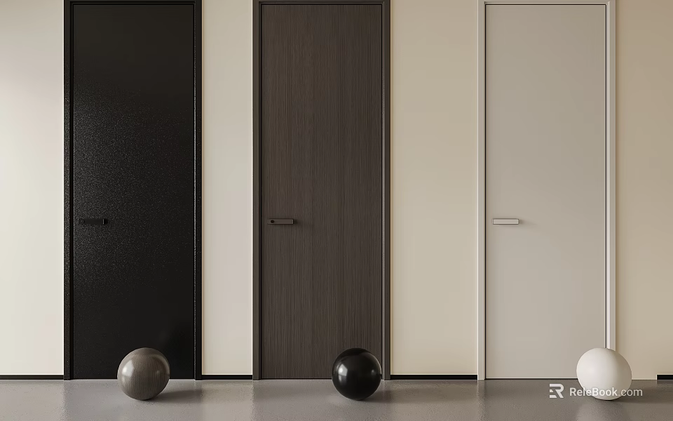 Modern Swing Doors in Black Wooden and Beige with Decorative Spheres 3d model 