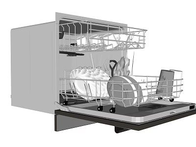 Kitchen Cabinets With Built In Dishwasher Holding Clean Dishes And Utensils 3d model