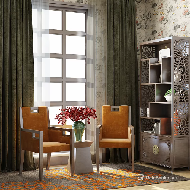 Dark Carved Cabinet With Green Plant Books And Decorative Items By Window Curtains 3d model 