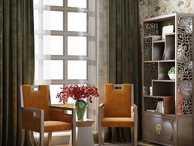 Dark Carved Cabinet With Green Plant Books And Decorative Items By Window Curtains 3d model