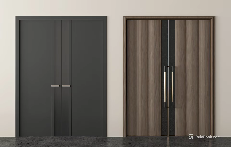 Modern Dark Gray And Brown Wooden Double Doors With Vertical Stripes And Metal Handles 3d model 