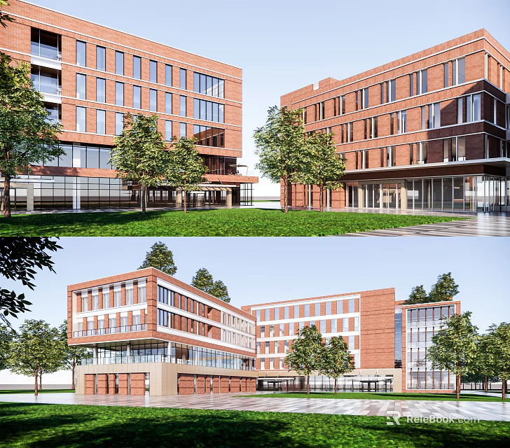 Red Brick Multi Story School Building with Large Windows Trees Lawn and Open Space 3d model