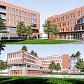 Red Brick Multi Story School Building with Large Windows Trees Lawn and Open Space 3d model