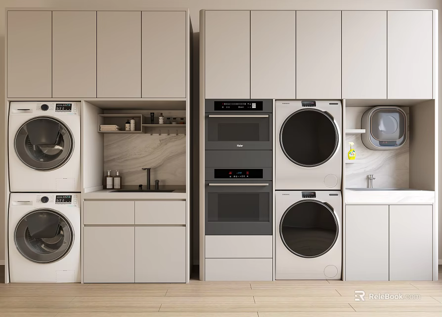 Modern Laundry Room Storage Cabinets With Washing Machines Dryers Sink And Countertops 3d model 